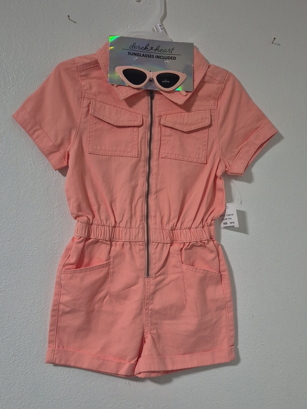 Derek Heart Coral Pink Short-Sleeve Zip-Front Utility Romper with Sunglasses
